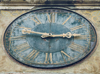 Fototapeta na wymiar Close up with the clock from the iconic Clocktower in Sighisoara citadel.