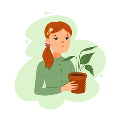 Portrait of a girl with a houseplant. Vector graphics.