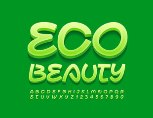 Vector creative emblem Eco Beauty. Handwritten Green Font. Modern Alphabet Letters and Numbers set