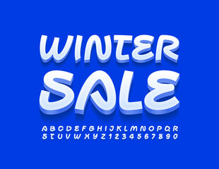 Vector seasonal promo Winter Sale. Creative White Font. 3D artistic Alphabet Letters and Numbers set