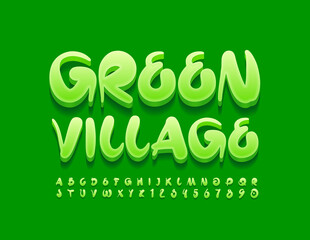 Vector eco sign Green Village. Artistic style Font. Decorative Alphabet Letters and Numbers set