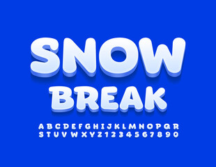 Vector happy banner Snow Break. Funny White Font. Creative 3D Alphabet Letters and Numbers set