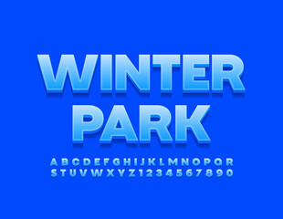 Vector blue banner Winter Park. 3D modern Font. Set of stylish Alphabet Letters and Numbers