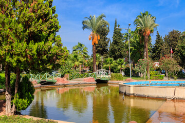 Beautiful artificial pond in Kugulu park in Kemer town, Turkey
