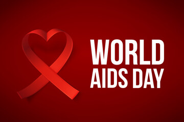 Banner with realistic red ribbon, heart shaped. Poster with symbol for world aids day, 1 december. Design template, vector illustration