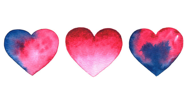 Set of watercolor hearts. Hand drawn illustration isolated on white background. Perfect for Valentine's day card