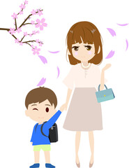 母と桜と初めてのランドセルの入学式の様子のイラスト