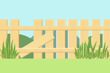 Natural background with wooden fence and grass. illustration.