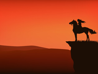 sunset wild west vector silhouette scene with native american woman riding horse at cliff top with view over mountains