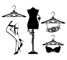 luxuriuos haute couture women fashion atelier design set with vector silhouettes of lingerie and personal accessories
