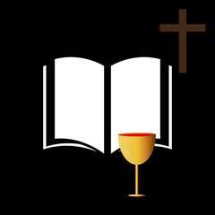 Christian communion with bible and wine, vector art illustration.