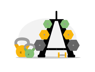 Gym equipped for athletic or gymnastic exercises, do exercises with dumbbell and weights. Flat  vector illustration, isolated objects.