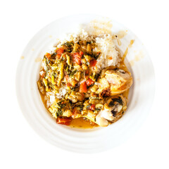 top view of portion of Chakhokhbili (traditional georgian dish from stewed chicken meat, tomato, eggplant and fresh herbs) with boiled rice on white plate cutout on white background