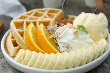 Waffles Vanilla Ice Cream and Banana Orange