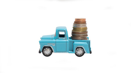 Toy cars carry coins on the back of the car and have a white background. Concept business of rental cars, buy cars, sell cars, save money, repair , make money,insurance.