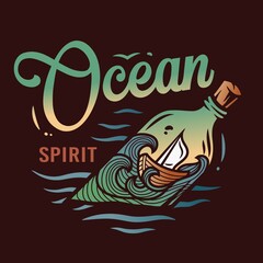 Marine boat inside the bottle on the ocean waves. Nautical wanderlust travel adventure print illustration