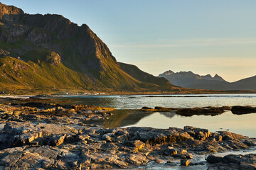 landscape of the lofoten islands with ocean and mountains