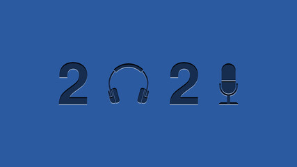 New Year 2021 icon with earphone and microphone symbol. Podcast icon 2021.