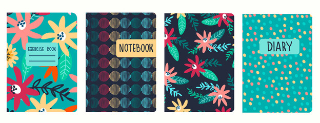 Cover page templates based on seamless patterns with hand drawn wild flowers, abstract colorful circles, confetti. Perfect for exercise books, notebooks, diaries