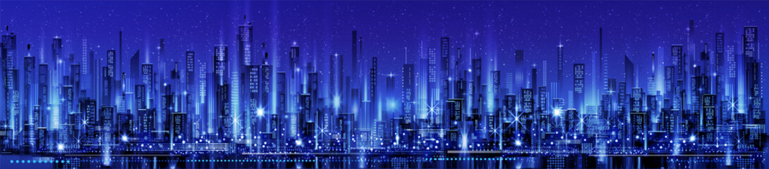 Night city skyline with neon glow.  Illustration with architecture, skyscrapers, megapolis, buildings, downtown.