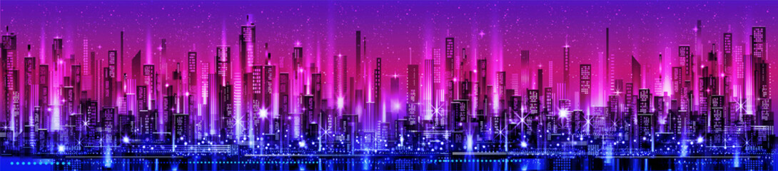 Fototapeta na wymiar Night city skyline with neon glow and vivid colors. Illustration with architecture, skyscrapers, megapolis, buildings, downtown.