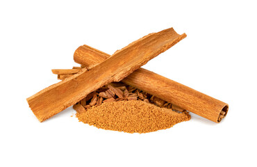 cinnamon sticks and powder isolated on white background