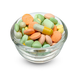 pill in glass cup isolated on white background ,include clipping path