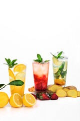 Lemonade with ice on white background