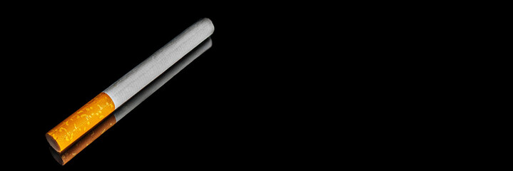 Detail of cigarette isolated on black background. Close-up macro shot. Banner panoramic. Copy space for text message.
