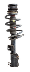 Shock absorber struts with black springs after being used on a car during replacement and repair on a white isolated background. Used spare parts. Auto parts catalog.