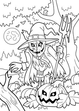 scary monster scarecrow, coloring book, funny illustration