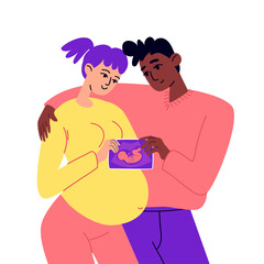 Young future parents are holding a snapshot of the unborn child. A happy pregnant woman stands hugging her husband after an ultrasound examination. Vector stock illustration in cartoon style on white.