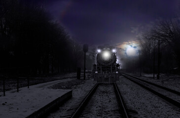 steam locomotive ghost in full moon night coming to railway platform