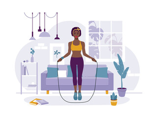 African american woman jumps skipping rope playing sport at home. Concept living room with sofa, plants, girl, person indoor fitness activities. Trendy flat vector illustration.