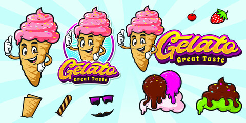 Cartoon happy ice cream gelato character logo - obrazy, fototapety, plakaty