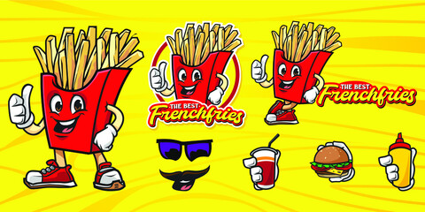 Cartoon happy frenchfood, snack, potato, french, yellow, fast, delicious, tasty, meal, unhealthy, eat, junk, crispy, fat, fry, isolated, salt, restaurant, salty, fried, fattening, fries character logo