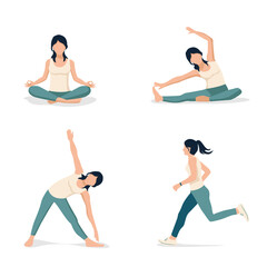 A set of illustrations of a girl involved in sports. Yoga, gymnastics, stretching and running. Sports and recreation. Flat vector illustration isolated on white background.