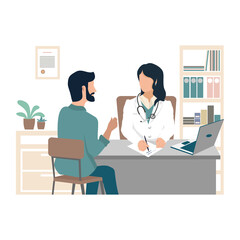 The patient and the doctor are talking in the office. Health and medicine. Flat vector illustration.