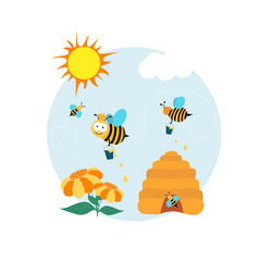 Fototapeta na wymiar Wasp, bee cartoon character, sunflower, flat vector style. Spring, summer season. Banner, label, background. Vector illustration, isolated objects.