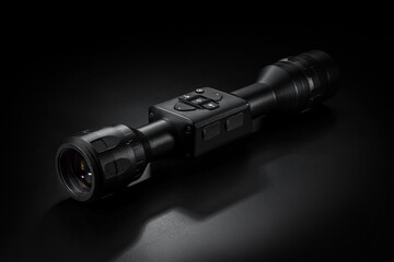 Modern sniper scope on a dark back. Optical device for aiming and shooting at long distances.
