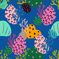 Bright underwater seamless pattern with beautiful corals.