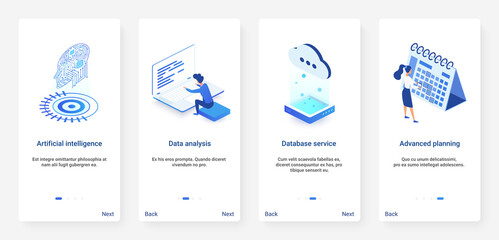 Isometric artificial intelligence digital technology vector illustration. UX, UI onboarding mobile app page screen set with cartoon 3d ai tech database service, advanced planning, cloud data analysis