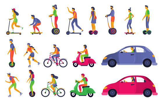 People on city transport. Electric scooter hoverboard, segway and roller skates. Town vehicle and transport car. Urban walking and car transport vector isolated icons illustration set
