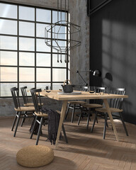 Loft style dining room, farmhouse chairs around wooden table, industrial chandelier in front of raw walls