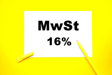 MWST. Word on sticker with YELLOW pen and yellow background. a bright solution for business, financial, marketing concept