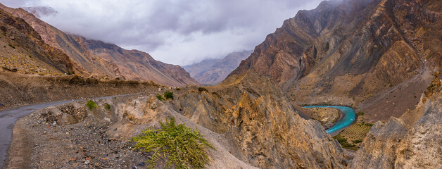 View from hilly mountain road Hindustan Tibet road travelling through pinnacles are geological landform of steep columns of rocks left by  ice weathering and erosion in sedimentary rocks.