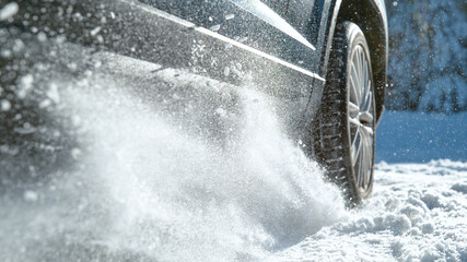 CLOSE UP Low angle shot of vehicle having problems driving along the snowy trail