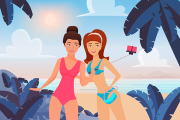 Obraz premium Girls taking selfie photo on tropical sea beach summer landscape vector illustration. Cartoon young cute woman characters holding selfie stick to take photography, best friends have fun background