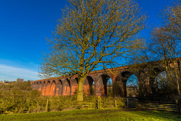 Bare trees and the Victorian railway viaduct at John O'Gaunt valley, Leicestershire, UK bathed in the winter sunshine