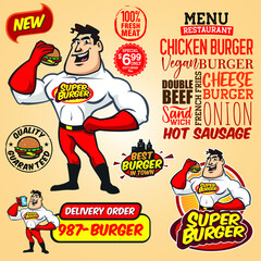 Cartoon super hero burger character logo
